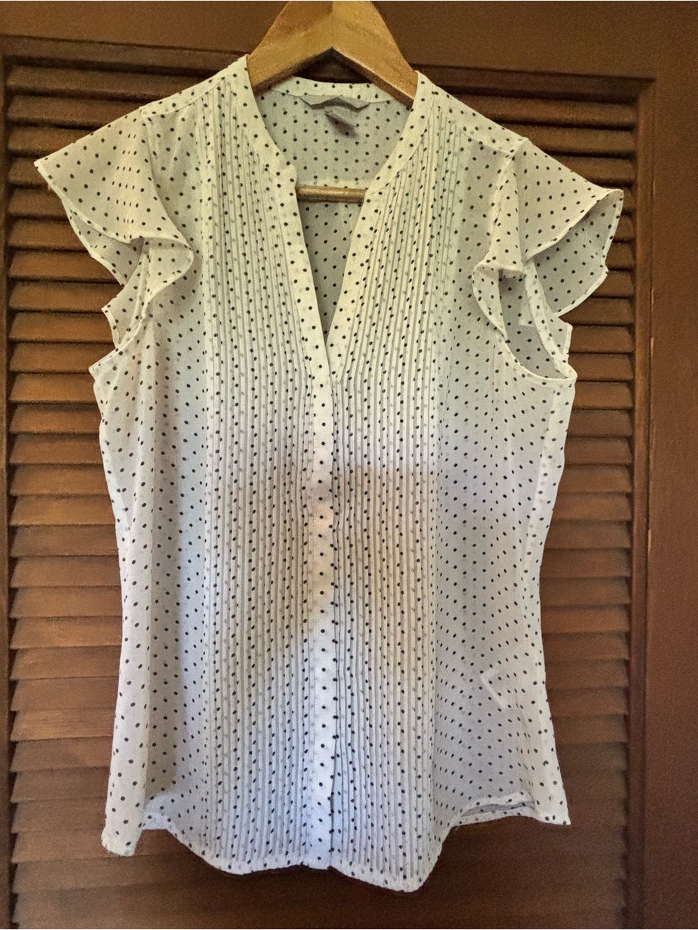 H&M White Blouse with Black Dot Pintucks and Flutter Sleeves